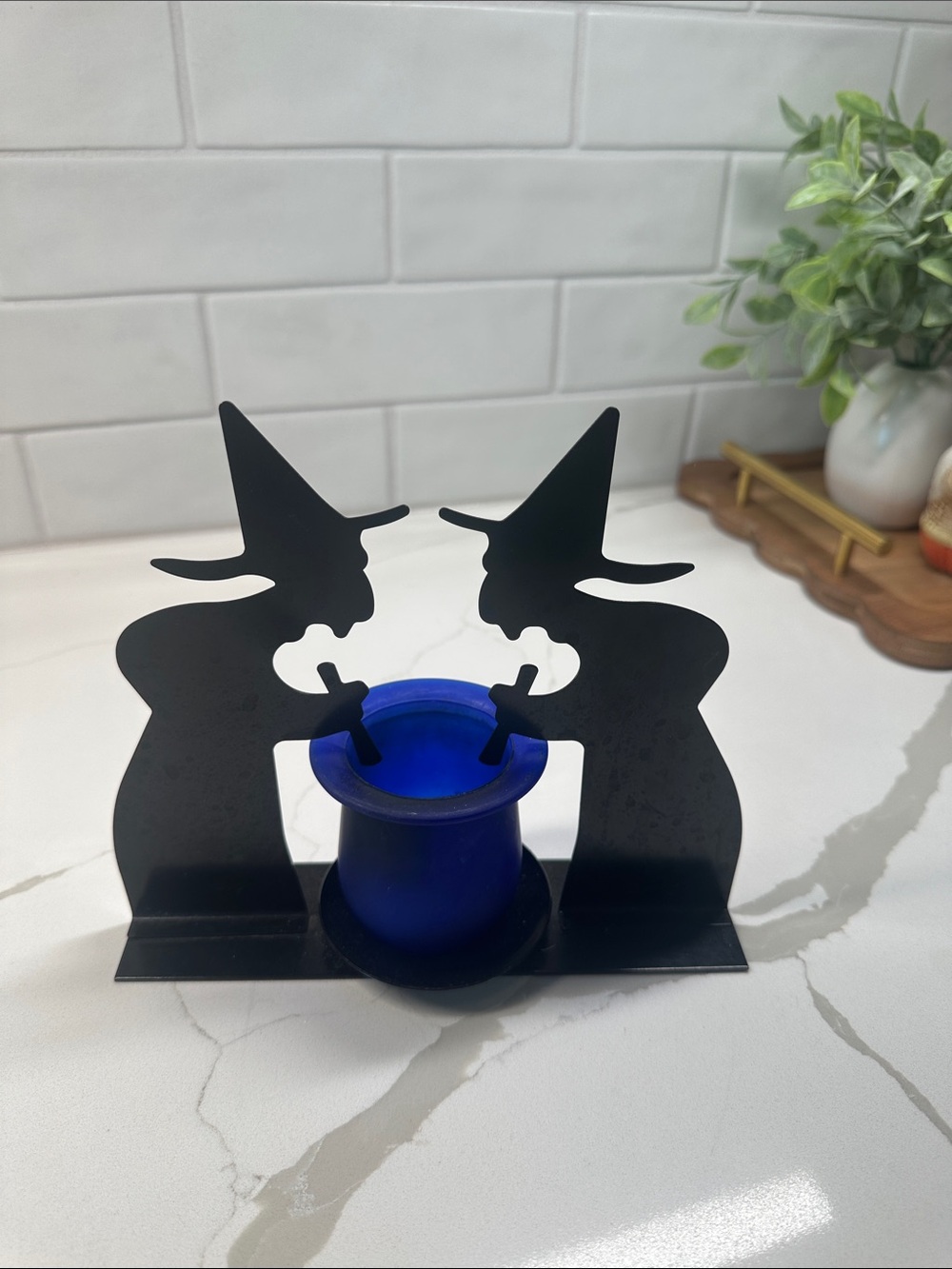 Double Witch Candle Holder with Blue Glass Votive